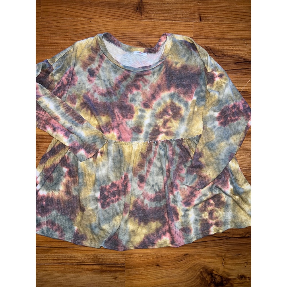 GeeGee Waffle Knit Tie Dye Babydoll Top XL Long Sleeve Thermal Tunic Olive Multi - Picture 2 of 7